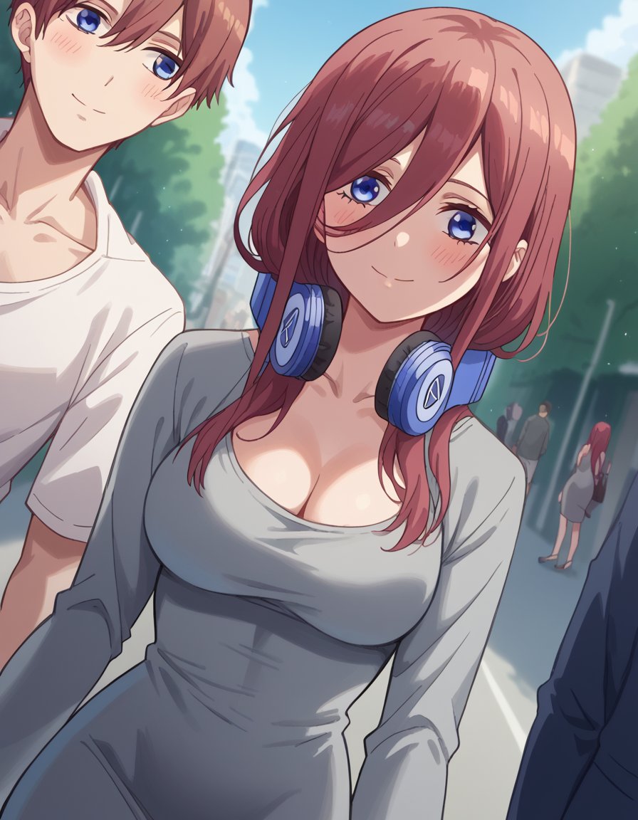 score_9, score_8_up, score_7_up, source_anime, mikunakano, <lora:miku-nakano-s1-ponyxl-lora-nochekaiser:1>, miku nakano, long hair, bangs, blue eyes, brown hair, hair between eyes, headphones, headphones around neck,, <lora:dongtan-dress-ponyxl-lora-nochekaiser:1>, dongtan dress, cleavage, taut dress, grey dress, collarbone,, outdoors, street, blush, smile,, cowboy shot, dutch angle,