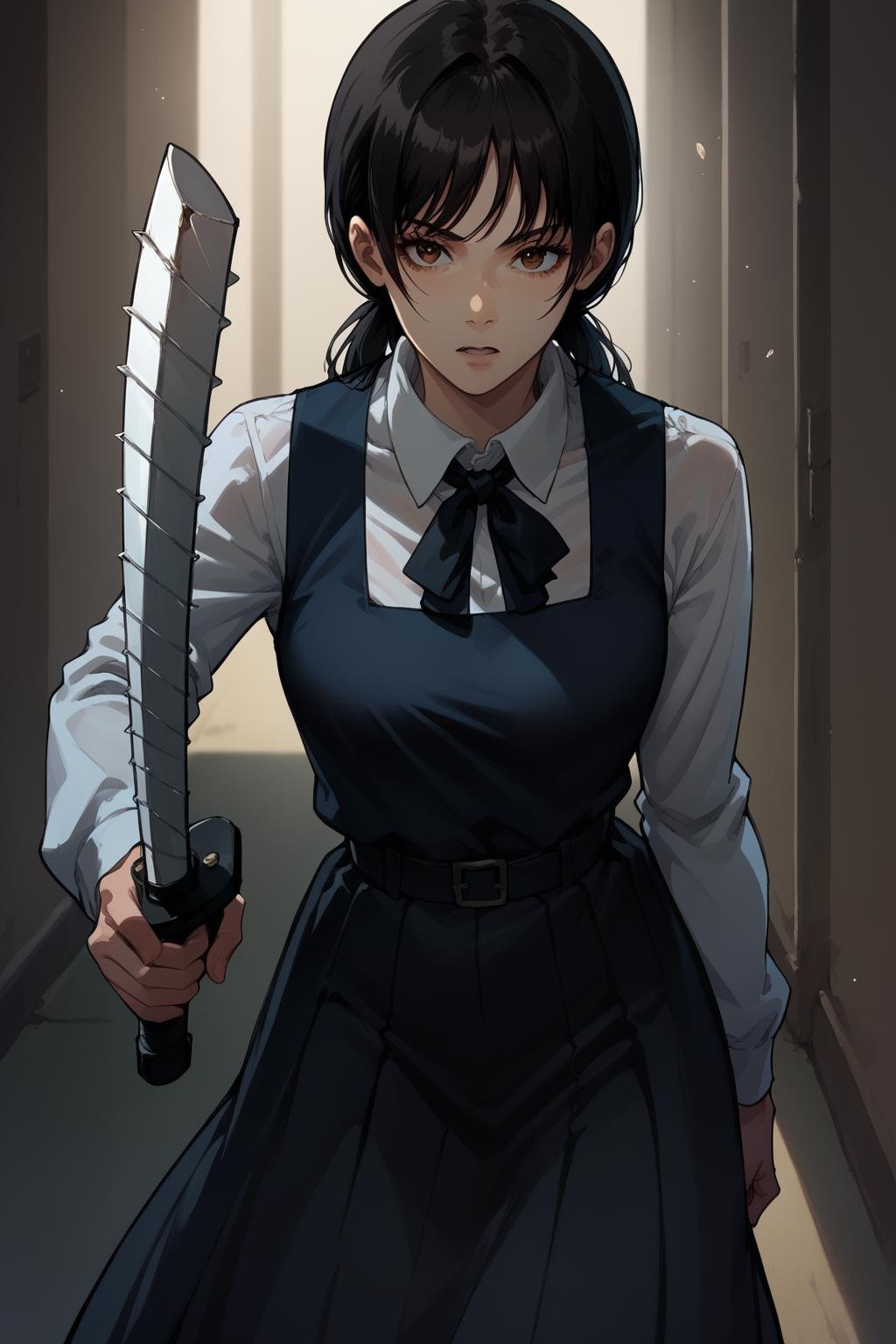 score_9, score_8_up, score_7_up,<lora:YoruAsa_Chainsaw_man:1>, Asa_mitaka, brown eyes, black hair, black ribbon, black pinafore dress, holding sword