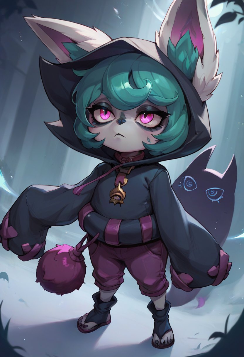 score_9, score_8_up, score_7_up, score_6_up, v3x, 1girl, yordle, pink eyes, green hair, short hair, hoodie, hood, hood up, ears through headwear, long sleeves, pants, toeless footwear, <lora:Vex_Default_v1:0.8>, solo