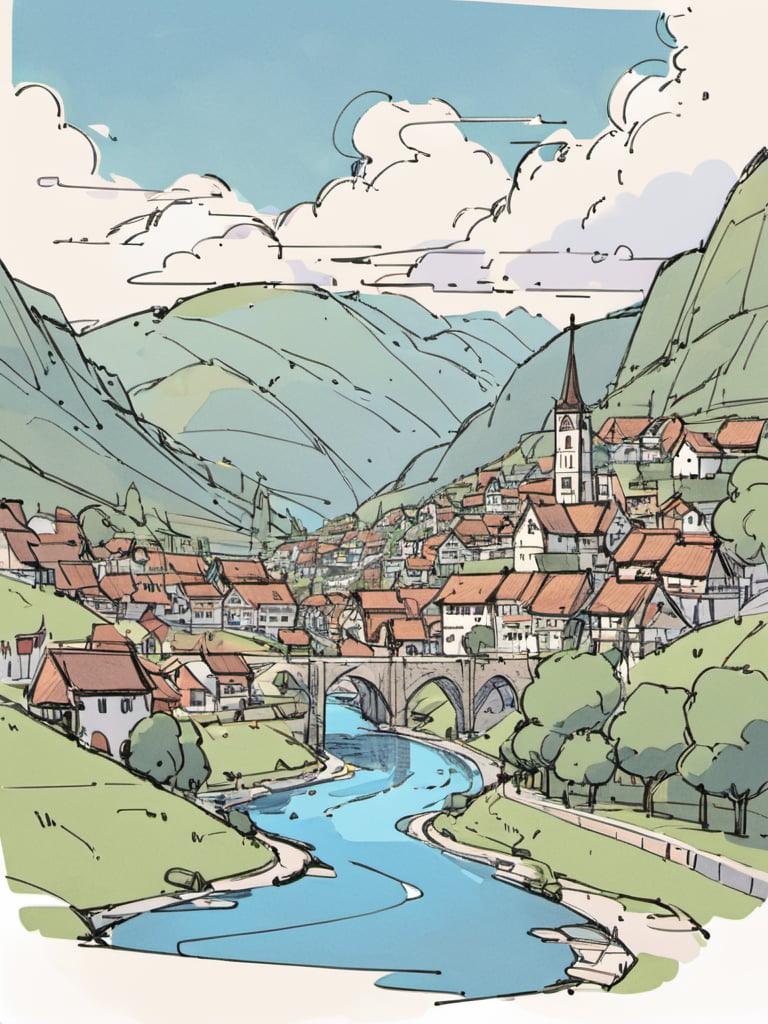 <lora:luXL毛躁手绘Fuzzylines_lora_resized:0.8>, fuzzylines, sketch, an old town, at the valley, surrounded by mountains and river,