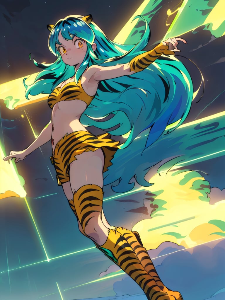 (cinematic lighting:1.4), , A ((Medium Shot of lum, orange eyes, long hair, green hair, aqua hair, multicolored hair, tiger print, strapless bikini, yellow boots, yellow hornsm <lora:lumV1:0.7>)) (that's thinking), ((look at the camera)), lunar base as background