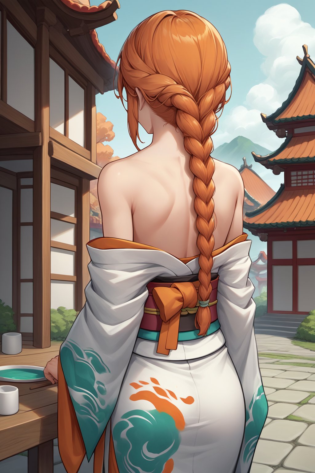 source_anime, score_9, score_8_up, 1girl, solo, <lora:NSLeahStardew:1> NSLeahStardew, orange hair, long hair, braid, braid in front, single braid, from behind, bare shoulders, kimono, paint splatter, paint on clothes, white kimono, bare shoulders, Japanese buildings, outdoors, handprint