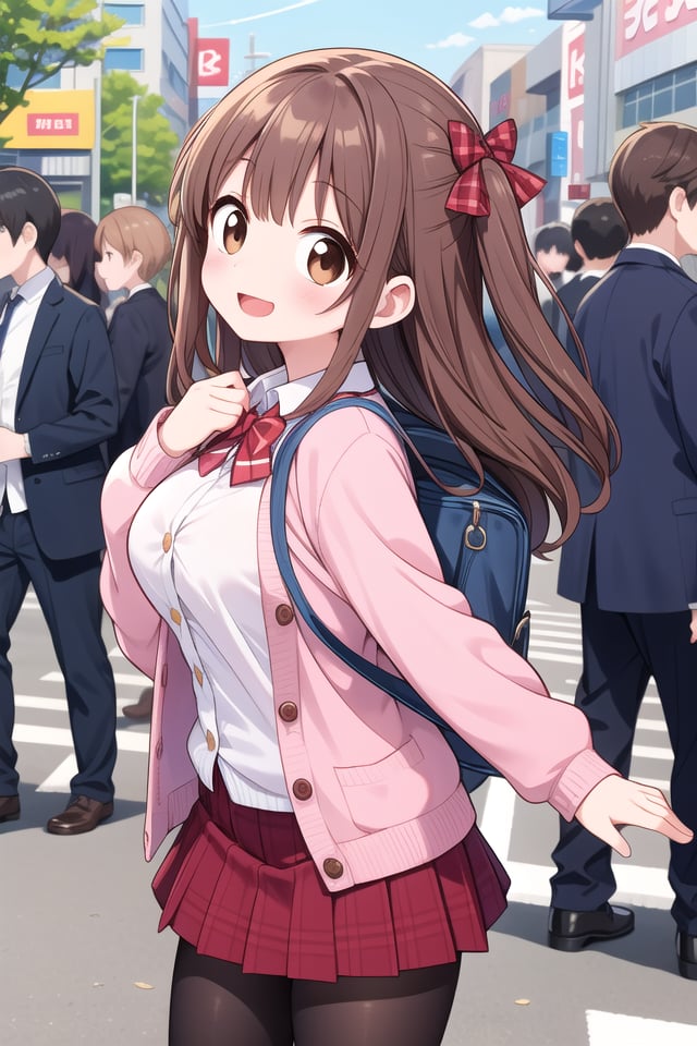 insanely detailed, absurdres, ultra-highres, ultra-detailed, best quality,1girl, solo, nice hands, perfect handsBREAK(School Uniforms:1.2), (pink cardigan is fit body:1.4), ((do up a buttons, not loose):1.5), ((long sleeve, sleeves past wrists):1.2), (inner wear is white collared-shirt:1.3), (red plaid-pattern bow:1.3), (red plaid-pattern pleated skirt:1.3), ((dark-brown pantyhose, loafers):1.2)BREAKhappy smile, laugh, open mouth, standing,from side,cute pose, cowboy shotBREAKslender, kawaii, perfect symmetrical face, ultra cute girl, ultra cute face, ultra detailed eyes, ultra detailed hair, ultra cute, ultra beautifulBREAKin harajuku, shibuya, tokyo, street, crowd, cityscapeBREAKmedium large breasts,(brown hair, brown eyes), hime cut