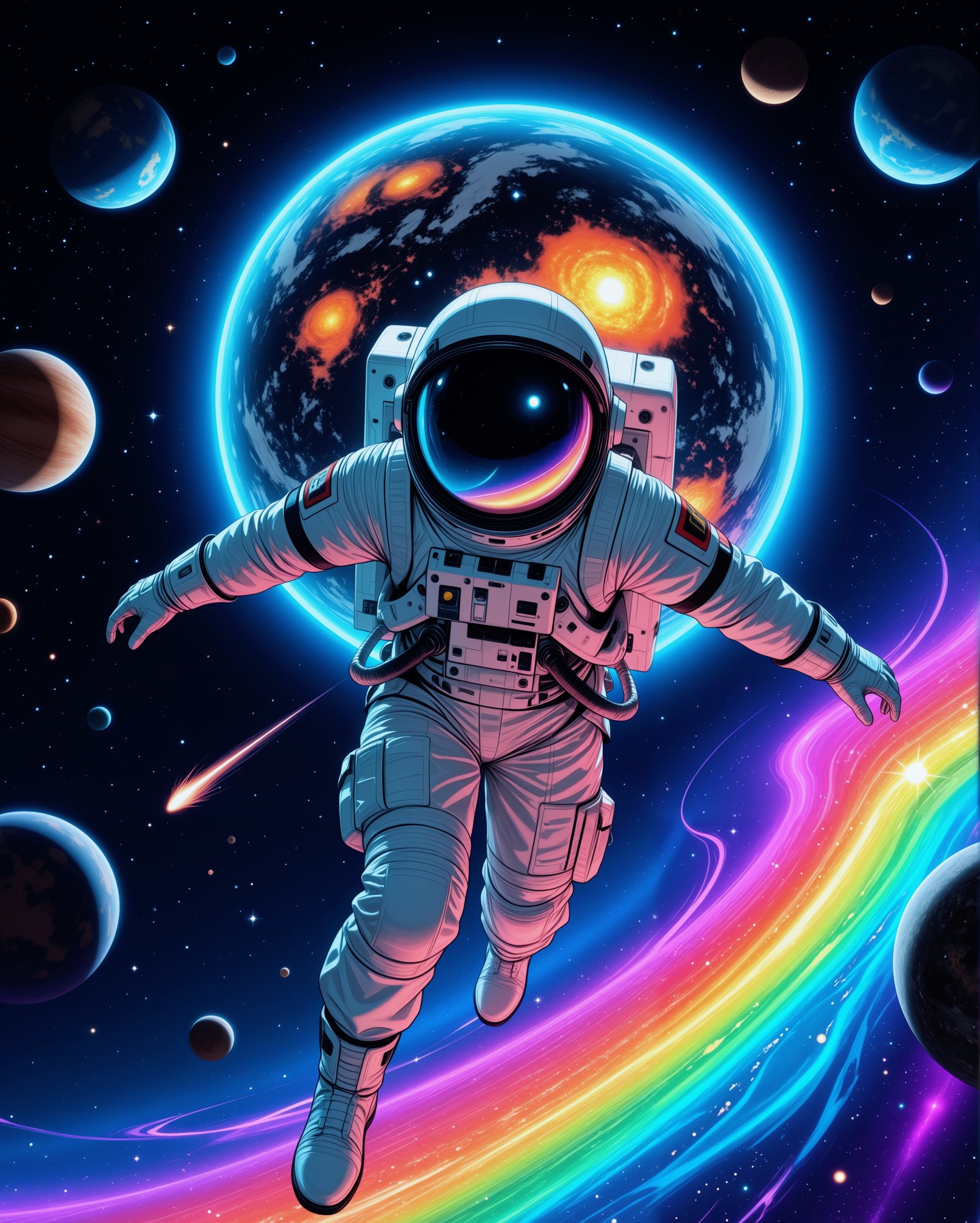 synthwave,  A vibrant,  sci-fi illustration featuring a spaceman in outer space by miaomiao on Tensor.Art
