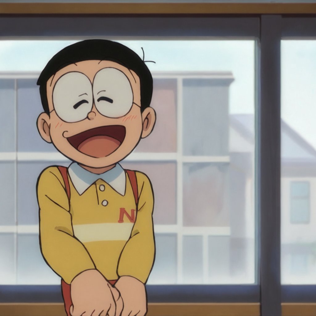 score_9, score_8_up, score_7_up, score_6_up, score_5_up, score_4_up, source_anime, nobi nobita, 1boy,1boy, male focus, solo, smile, open mouth, black hair, closed eyes, blush, window, parody, child, :d, ^_^, portrait, masterpiece, best quality,<lora:minamoto shizuka and nobita pony:1>