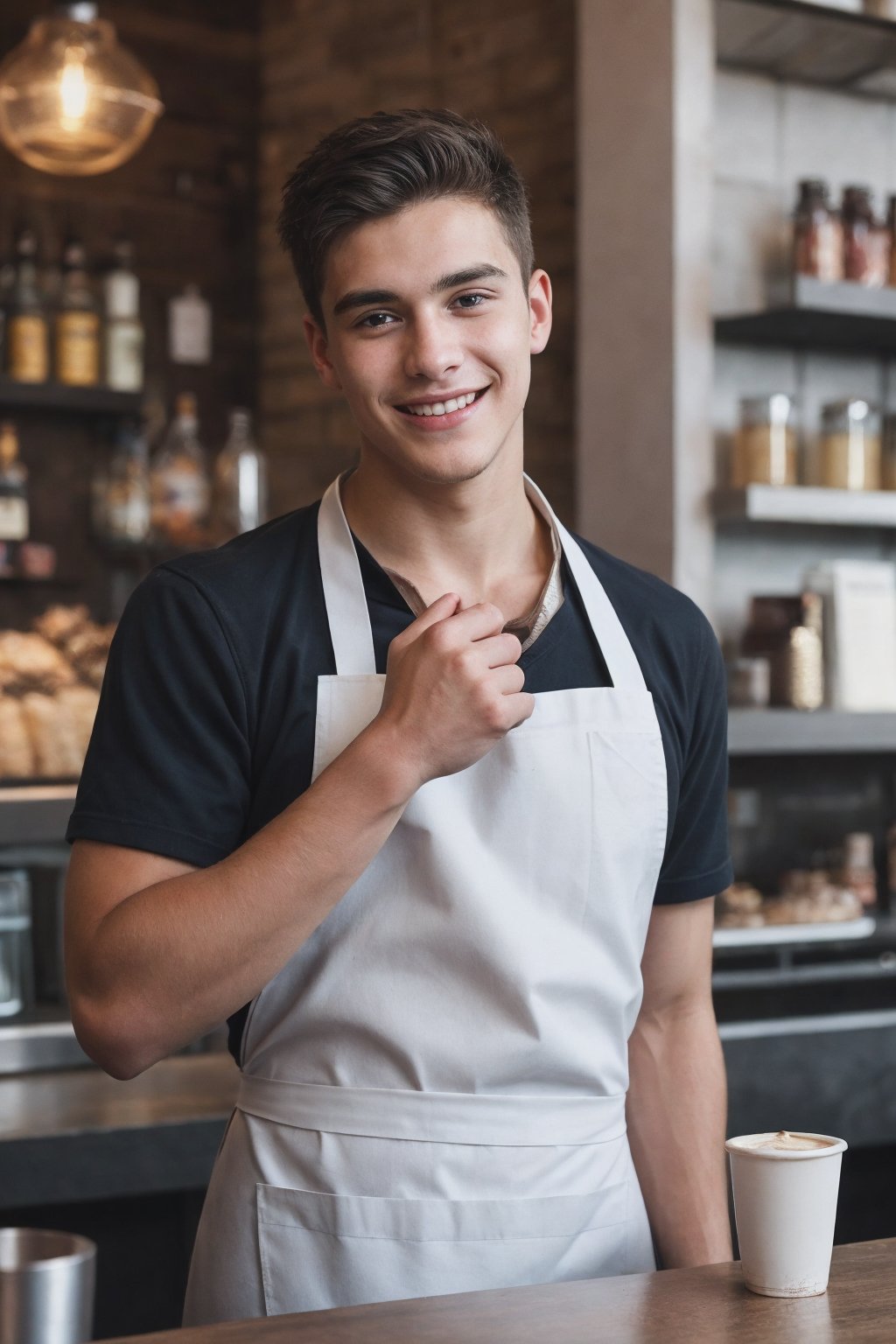 a 21-year-old heartthrob young man with a strong jawline and tousled hair, wearing a crisp white apron over his clothing and a friendly smile on his face. Heâ€™s working behind the counter at a trendy cafe, chatting with customers and preparing drinks, all while exuding a charming and confident demeanor. RAW photo, detailed photo, gorgeous, shallow depth of field, bokeh, vibrant saturated color, volumetric lighting, iridescent skin, (surreal:0.4), hyper detailed photorealistic life-like accurate proportional 8k sharp focus, empty hands, (accurate cinematic lighting), photorealistic detail, (selective focus:0.6)