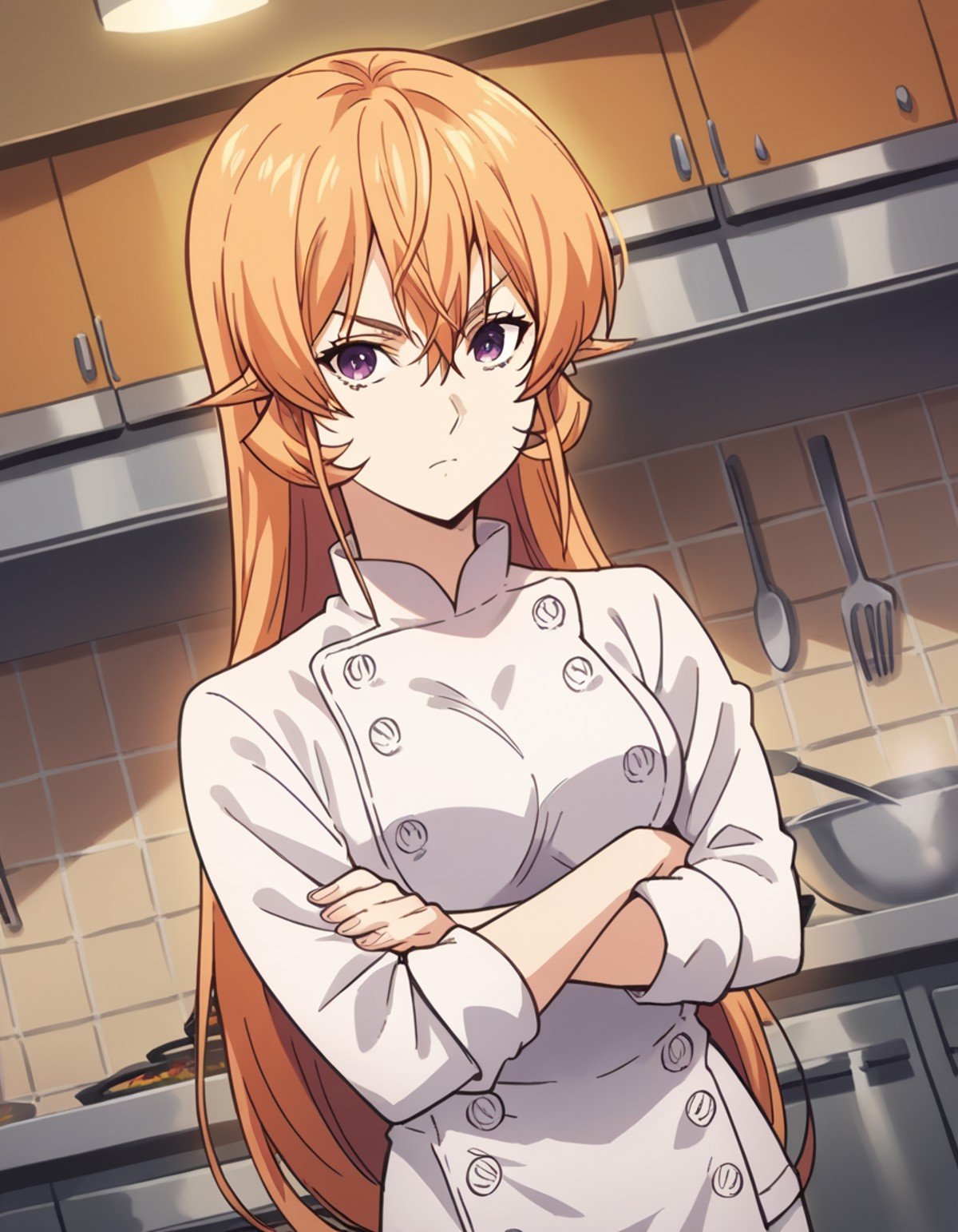 score_9, score_8_up, score_7_up, source_anime,erinanakiri, <lora:erina-nakiri-s1-ponyxl-lora-nochekaiser:1>,erina nakiri, long hair, orange hair, purple eyes, hair between eyes,pants, white pants, chef, long sleeves, sleeves rolled up,indoors, kitchen, crossed arms,looking at viewer, cowboy shot, dutch angle, solo,