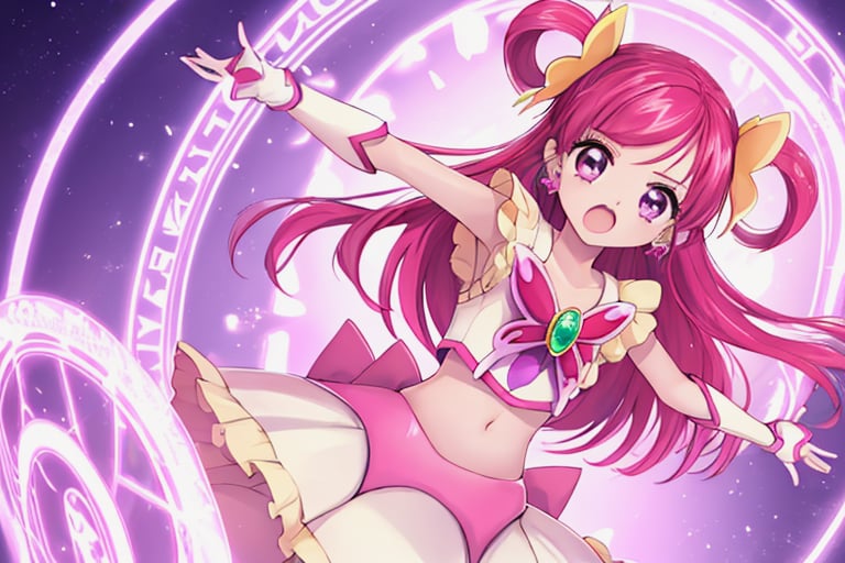 anime_art_style, cartoon, yes precure 5, cure dream, yumehara nozomi, 1girl, solo, hair rings, pink hair, long hair, magical girl, butterfly brooch, jewelry, magic circle, earrings, open mouth, midriff, outstretched arms, purple eyes, navel, gloves, bdsm, bound <lora:Cure_dreamyumehara_nozomi:0.8>