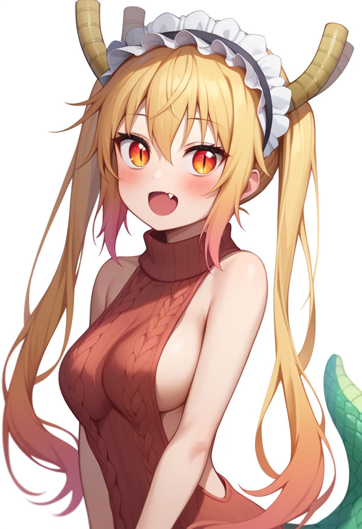 score_9,score_8_up,score_7_up, <lora:tohru_(maidragon)_pony:1>，aran_sweater, fang, tohru_\(maidragon\), 1girl, dragon_girl, solo, looking_at_viewer, :d, turtleneck_sweater, medium_breasts, backless_outfit, red_sweater, commentary_request, virgin_killer_sweater, naked_sweater, open_mouth, ribbed_sweater, blush, maid_headdress, scales, white_background, v_arms