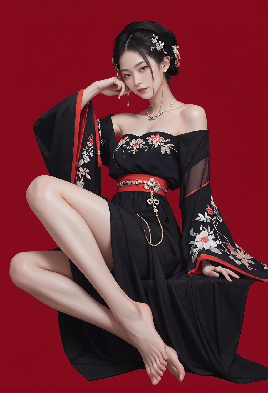 red background,1girl,solo,,ruanyi0766,hanfu,jewelry,black dress,off shoulder,wide sleeves,strapless,barefoot,<lora:0766 Northern and Southern Dynasties Hanfu_v1_pony:1>, score_9,score_8_up,score_7_up,,8k,1girl,solo,