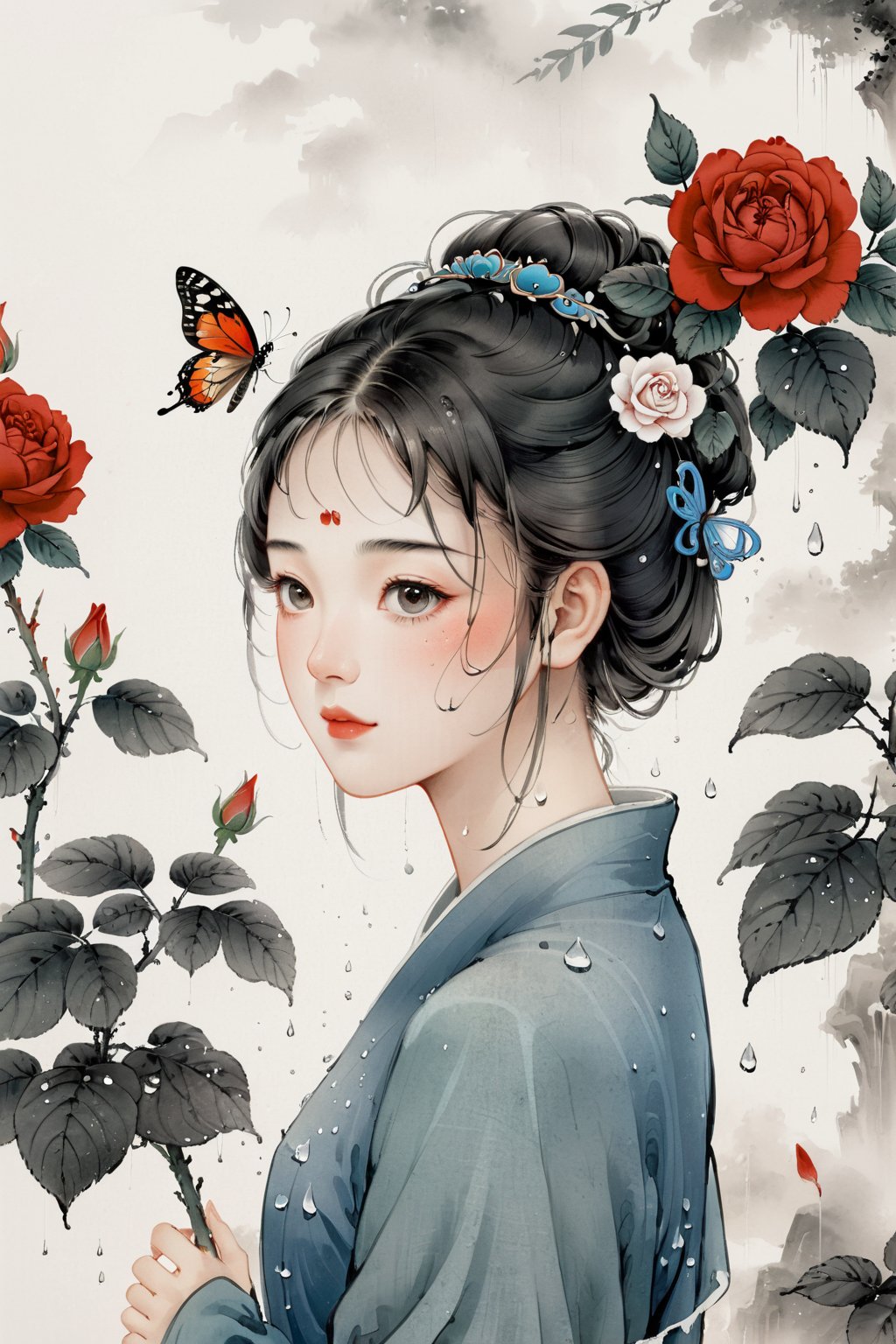 Best quality,8k,cg,falls,Rain,raindrops,Chinese ancientpaintings,traditional chinese ink painting,a girl with a butterfly on her face and a rose besize her head.,chinese meticulous ink,illustration,white background,centered,completed,<lora:工笔水墨:0.8>,