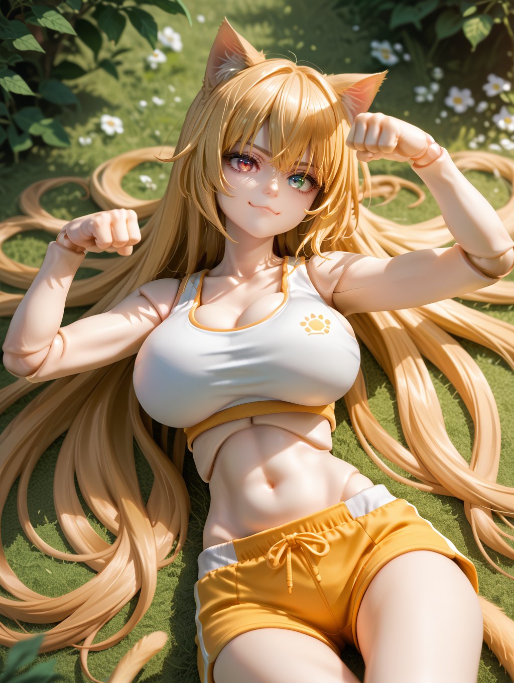 score_9, score_8_up, score_7_up,joints, 1girl,very long hair, gold hair, heterochromia, eye reflection, on back, paw pose, cat ears, cat tail, huge breasts, sports bra, shorts, smirk, outdoors,  