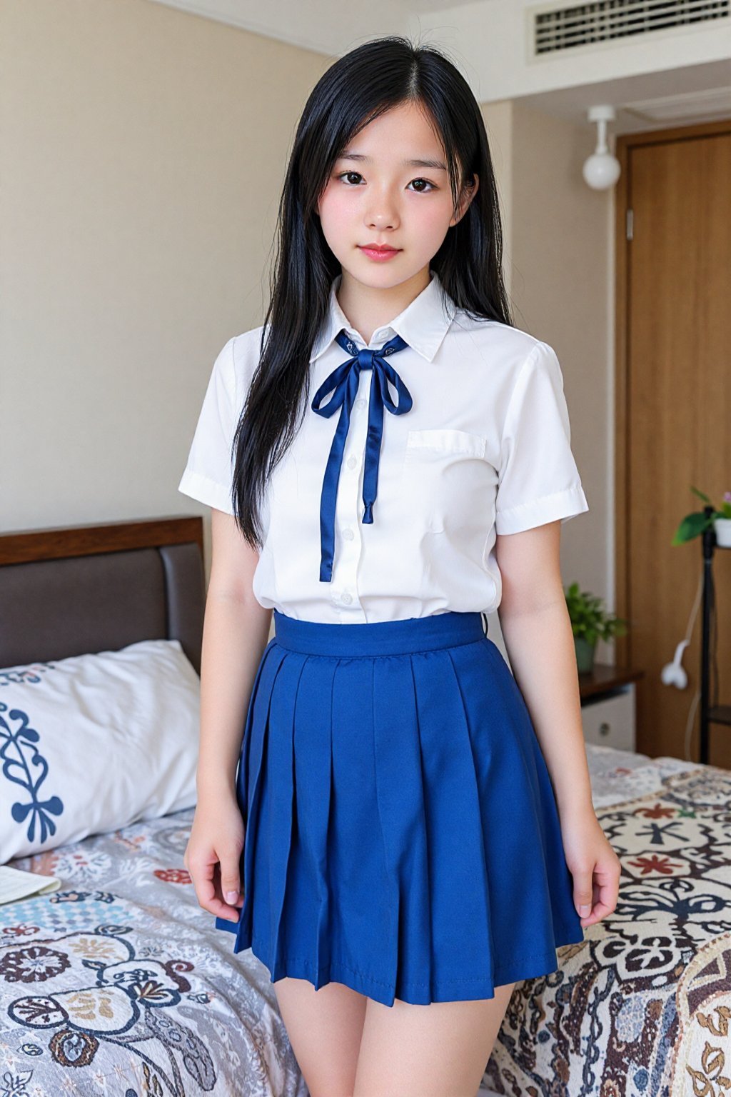 一位亚洲女孩身穿白色衬衫,  系着蓝色丝带,  下身穿着蓝色百褶裙 by 天TIN on Tensor.Art