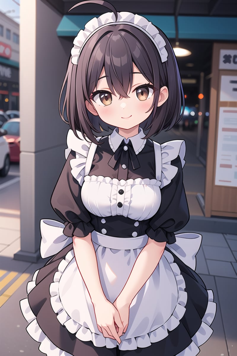 insanely detailed, absurdres, ultra-highres, ultra-detailed, best quality,1girl, solo, nice hands, perfect handsBREAK(German maid, maid costume, maid hair dress:1.3)BREAKhappy smile, laugh, closed mouthBREAK,standing, cowboy shot, looking at viewerBREAKslender, kawaii, perfect symmetrical face, ultra cute girl, ultra cute face, ultra detailed eyes, ultra detailed hair, ultra cute, ultra beautifulBREAKin akihabara, outdoor, depth of field, ultra detailed backgroundBREAKlarge breasts, (cleavage:-1)BREAK(ahoge:1.2), (short bob cut, hair between eyes, black dark_brown hair, black dark_brown eyes:1.3), (long hair:-1)