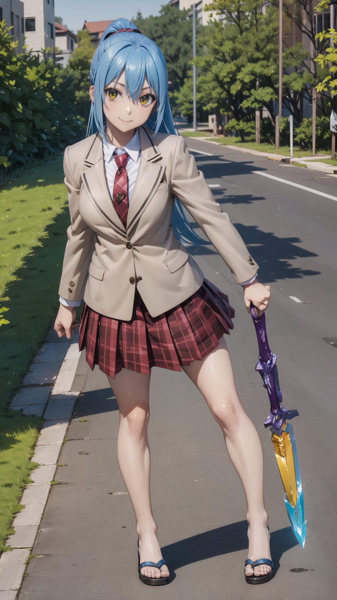 (masterpiece, best quality),ray tracing,absurdres, HDR,rimuru tempest, campus, skirt, 1girl,large breasts,  blue hair, school uniform, plaid skirt, necktie, long hair, smile, plaid, yellow eyes, , jacket, pleated skirt, full body, , ponytail, , standing, blazer, looking at viewer, solo, , hair between eyes, ,red necktie, shirt, bangs, sandals, red skirt, white shirt, collared shirt, closed mouth,  , long sleeves, miniskirt,outoors, ,wucaitianjing, weapon, sword,holding, holding sword, <lora:rimuru campus:0.7> <lora:sandals_v2:0.7> <lora:wucaitianjing_v2:0.7>