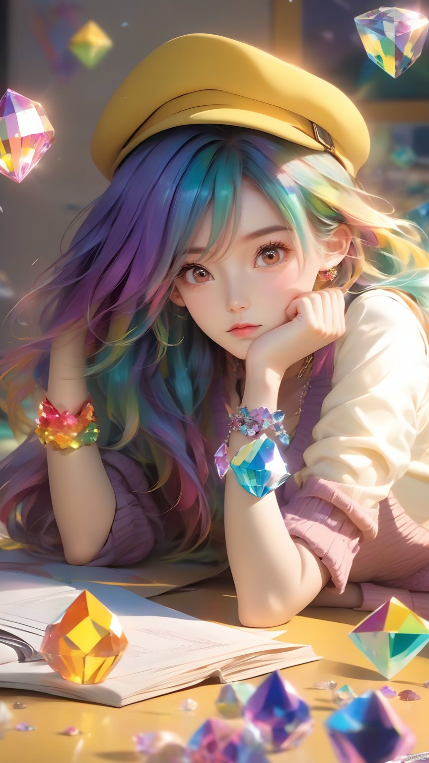 (masterpiece, best quali),1girl,brown eyes,classroom,crossed arms,desk,hat,indoors,Lying on the yellow desk,long hair,long sleeves,looking at viewe,sleeves past wrists,solo,sweater,Yellow vest,Crystal Girl, Colorful crystal decoration,Crystal necklace,Crystal on the body,Floating Colorful Crystal,Purple gradient hair,1girl, hand<lora:EMS-303786-EMS:0.500000>, <lora:EMS-300702-EMS:0.600000>, <lora:EMS-302898-EMS:0.500000>