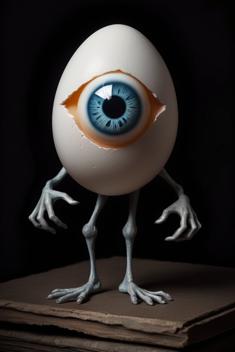 a drawing of a person holding an egg with a eyebal with arms and legs, in the style of surreal fashion photography, darkly fantastical, adorable toy sculptures, airbrush art, eroded interiors, tender depiction of nature, eye-catching composition