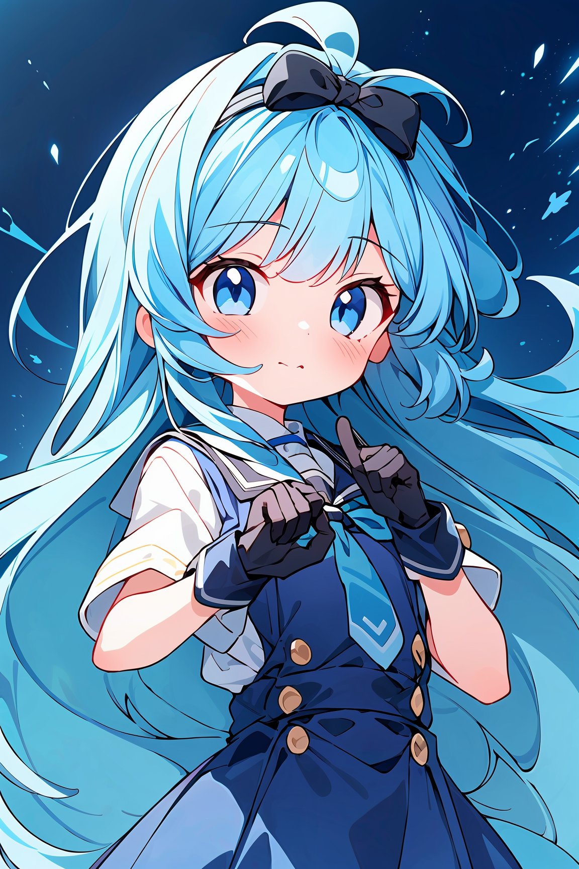 The image is an illustration of a young girl with long blue hair and a black bow on her head. She is wearing a school unif...
