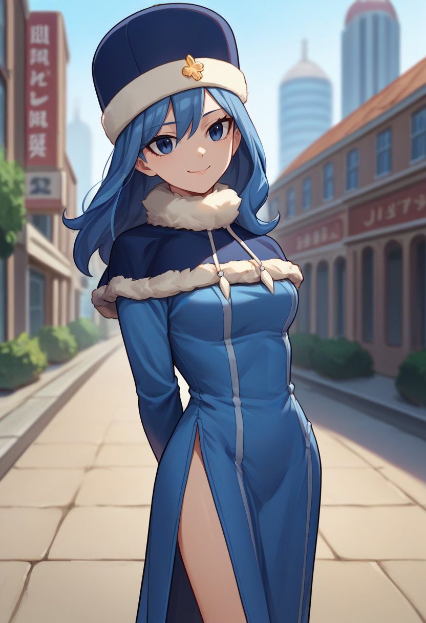 score_9, score_8_up, score_7_up, source_anime, solo, 1girl, juvia lockser, smile, looking at viewer, standing, arms behind back, blue headwear, fur-trimmed headwear, hat, fur trim, blue dress, side slit, long sleeves, blue capelet, outdoors, city street <lora:fairytail_juvialockser_ponyXL:1>