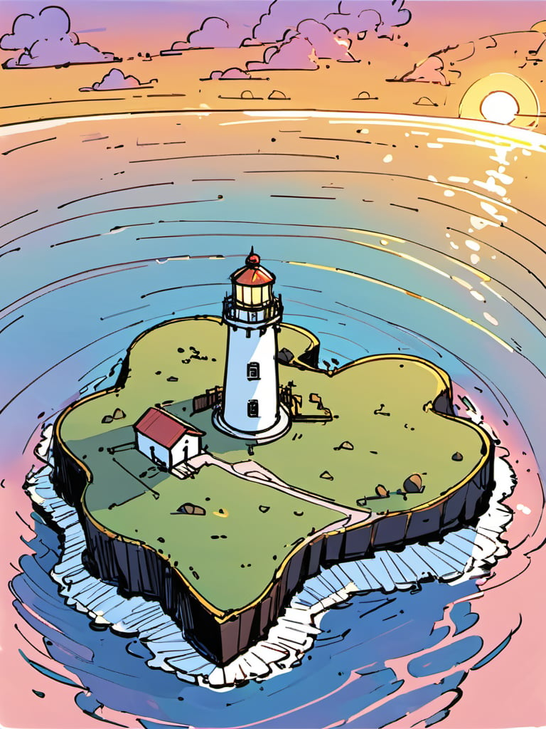 <lora:luXL毛躁手绘Fuzzylines_lora_resized:0.6>, fuzzylines, sketch, view of a lovely isolated heart_shaped island surrounded by sea, under the sunset lighting, lighthouse on the island, top view,