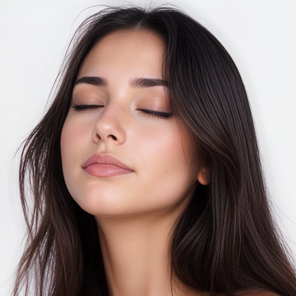 Realistic photo of a beautiful girl with her eyes closed and her mouth fully closed,  long dark hair,  photorealistic by L...