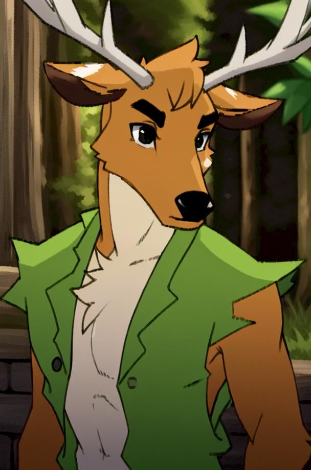 BamboCzar, (ripped sleeves, green open vest, chest tuft, antlers, deer ears, snout, black eyes), (masterpiece:1.2), hires, ultra-high resolution, 8K, high quality, (sharp focus:1.2), clean, crisp, cinematic, <lora:Bambo-20:0.65>