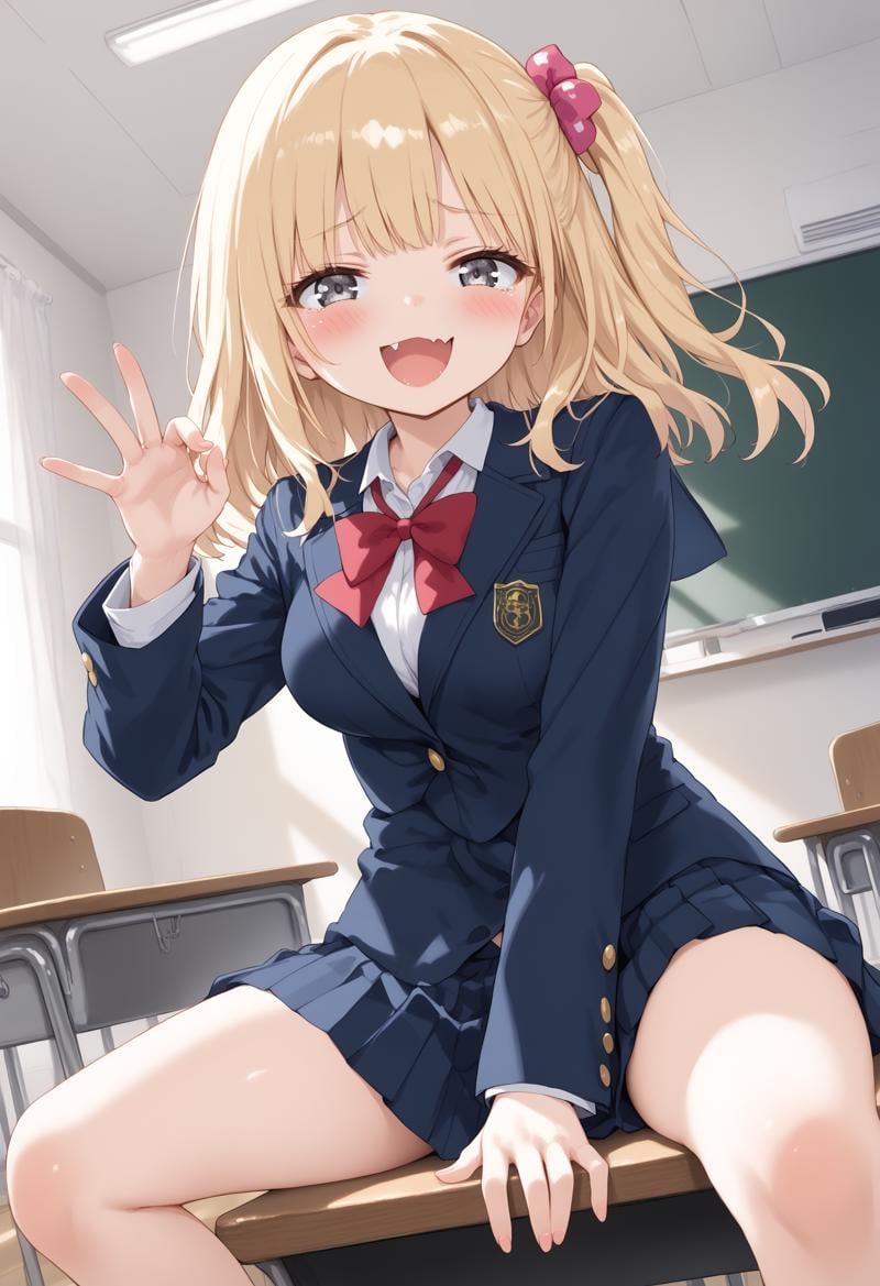 1girl, medium breasts, school uniform,mesugaki, smile, looking at viewer, blush, hand up, skin fang, <lora:mesugaki_Pony_v1:0.9>dutch angle, feet out of frame, looking at viewer, blonde hair, silver eyes,scared, music room, open mouth, shiny hair,,