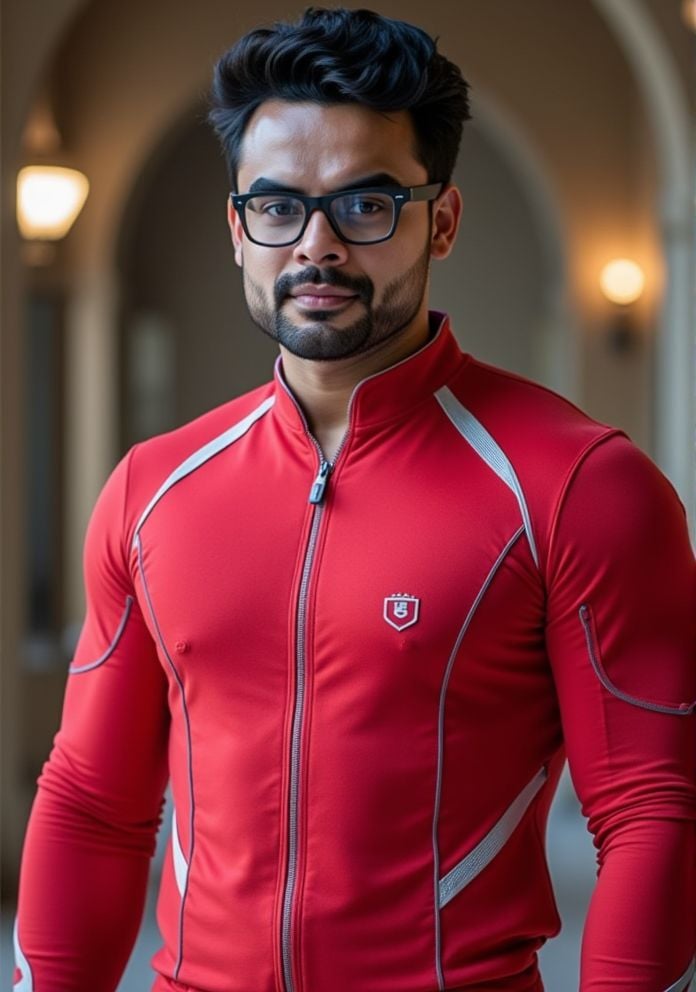 tovino thomas ,  Hi-res photo. He wears futuristic electronic glasses. He is wearing a light red,  close fitting flight su...