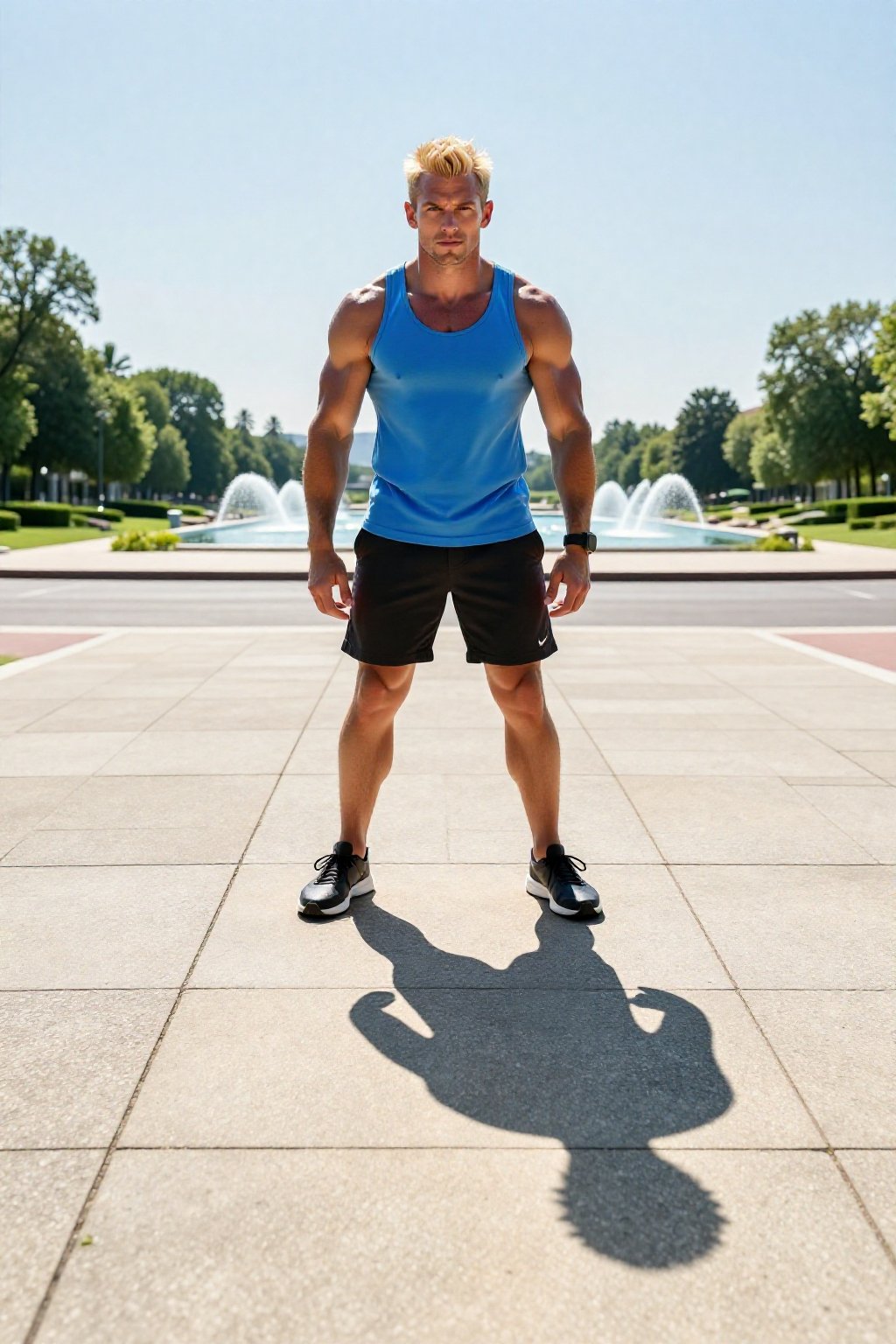 a strong man,  black with blonde meshes short hair ,  sportive clothes Washington DC contact shadow tiny sharp shadow wher...