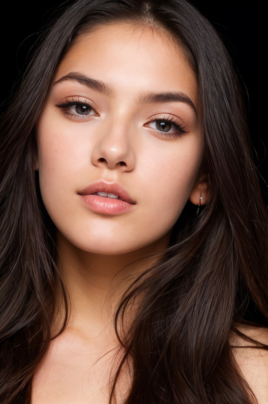 close up shot of a young woman with long hair in front of a black background, studio light, beautiful, pretty, detailed skin, skin pores, high contrast