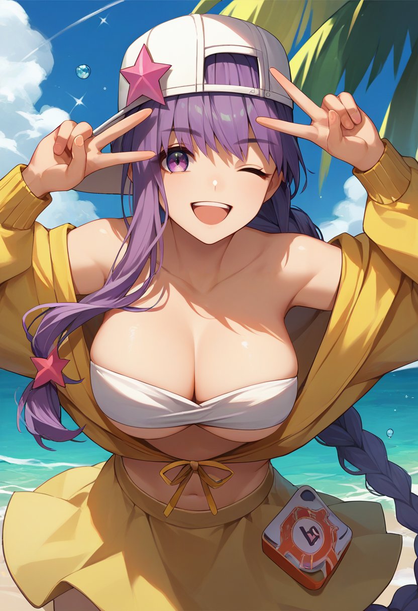 score_9, score_8_up, score_7_up, source_anime, solo, 1girl, bbswimst1, happy, looking at viewer, double v, single braid, baseball cap, backwards hat, star hat ornament, one eye closed, yellow jacket, long sleeves, bandeau, yellow skirt, bare shoulders, large breasts, beach <lora:fate_bb_ponyXL:1>