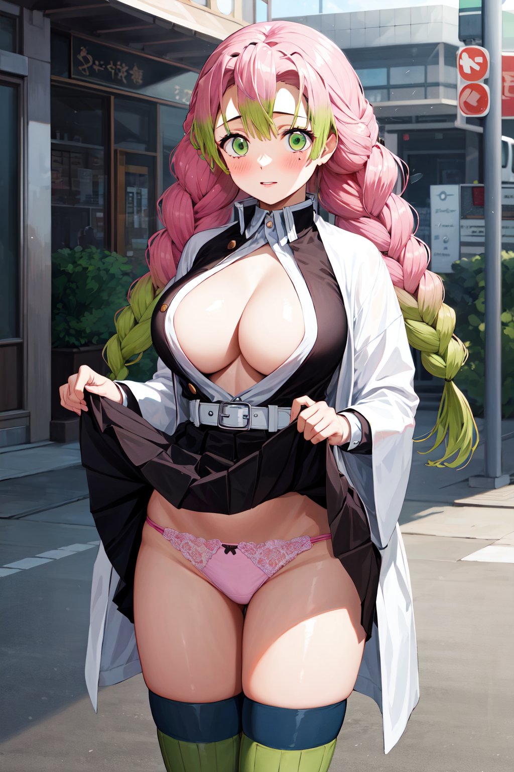 masterpiece, best quality, highres, aamitsuri, long hair, braid, multicolored hair, green eyes, mole under eye, large breasts, japanese clothes, cleavage, white jacket, haori, black shirt, open clothes, belt, pleated skirt, (black skirt:1.2), green thighhighs, ribbed legwear, <lora:kanroji_mitsuri_v1:0.7>, (skirt lift:1.3), blush, panties, standing, cowboy shot,