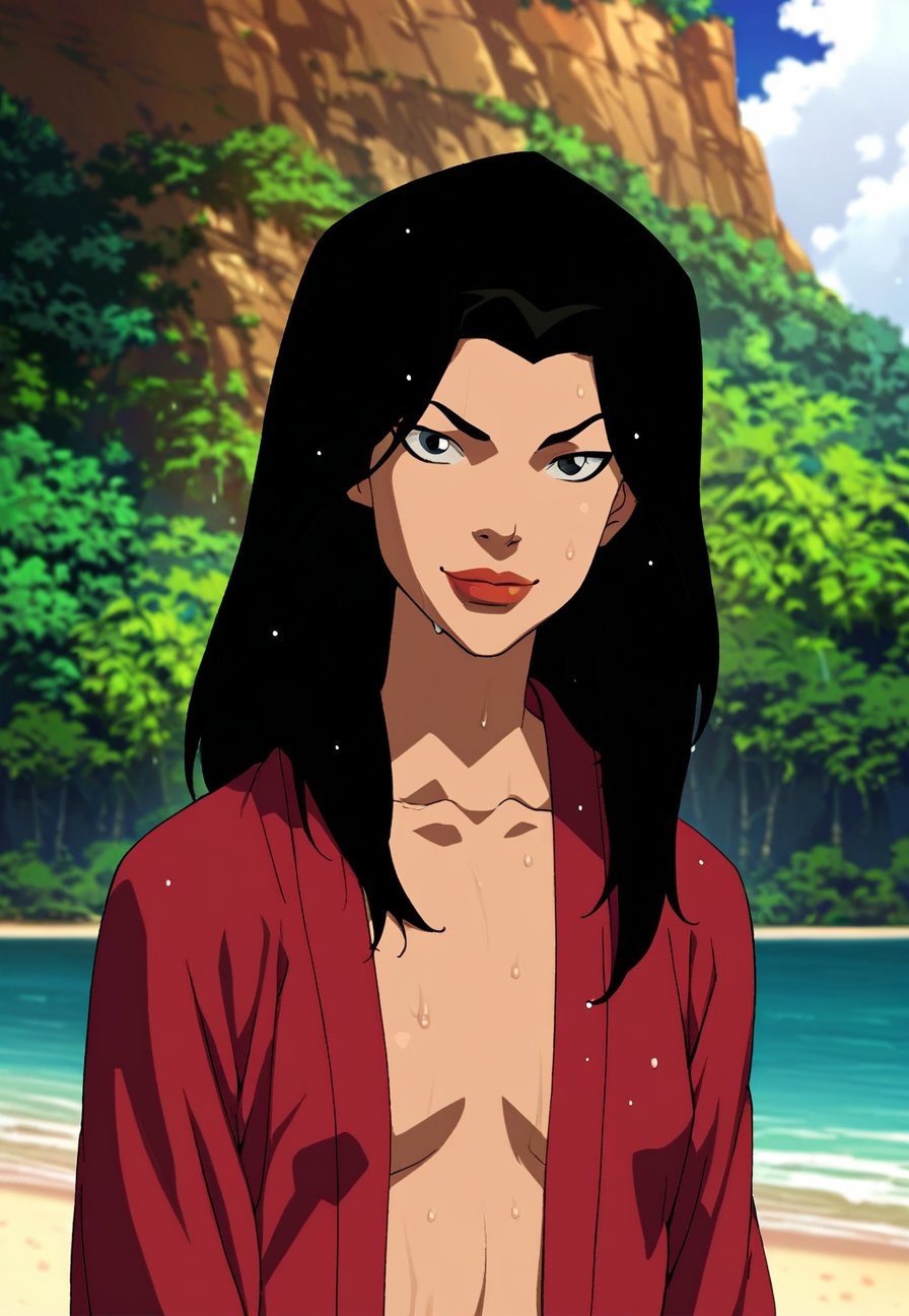 score_9_up, score_8_up, score_7_up, <lora:Young_justice_girls_PDXL_by_paprikalem:0.9>, dc comics, young justice style, flat colors, 1girl, cheshire, black hair, black eyes, big lips, lipstick, long hair, japanese short robe, sweat, wet, standing, looking at viewer, smug, face focus, portrait, solo, outdoors, beach, day, best quality, high quality