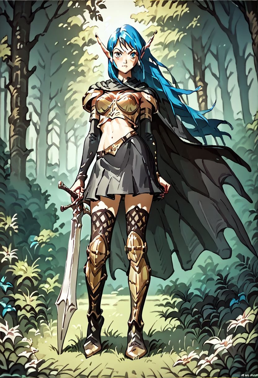 (score_9, score_8_up, score_7_up:1.2),(Xtermaxin:1.8), in forest , beautifull colors, golden armor, blue hair, black skirt, black boots silver sword,skirt pants, black stockings,black cape