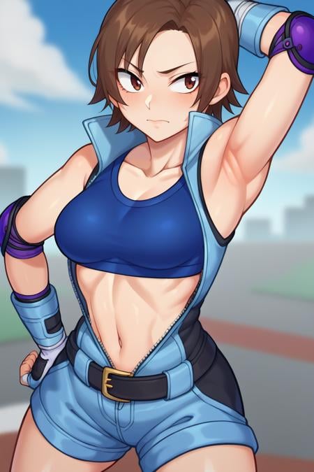 score_9, score_8_up, score_7_up, BREAK,  <lora:neocoill-guy-PONYv1:1>, 1girl, solo, breasts,  <lora:tekken_asukakazama_ponyXL:0.95> asukadef, short jumpsuit, sports bra, elbow pads, fingerless gloves, shorts, belt, bare shoulders, armpits, 