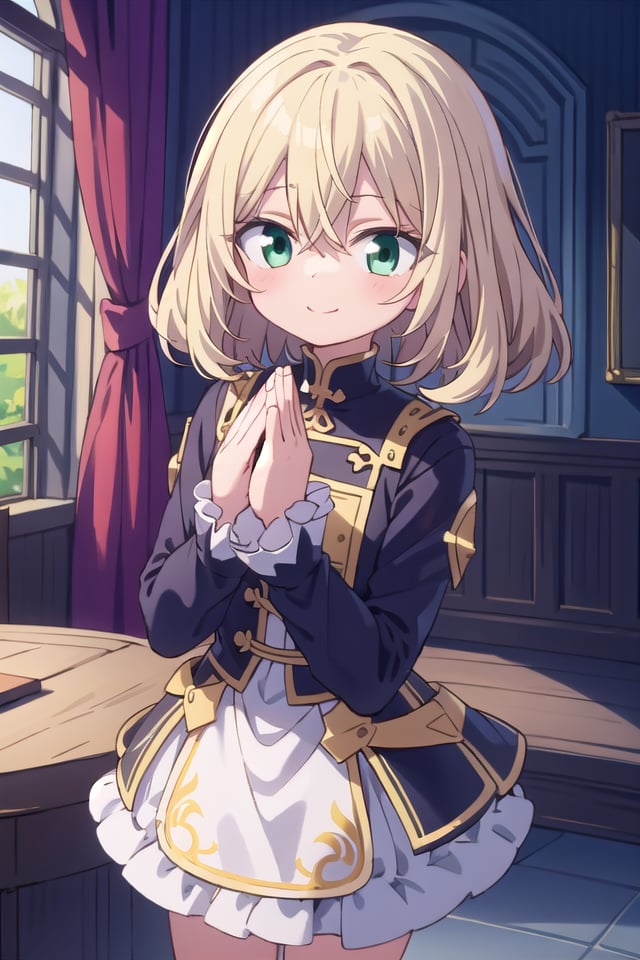 insanely detailed, absurdres, ultra-highres, ultra-detailed, best quality,1girl, solo, nice hands, perfect hands,BREAKprincess, princess dress with many frills, teara on hair,happy smile, laugh, closed mouth,standing, cute pose,45 angle, cowboy shot,BREAKslender, kawaii, perfect symmetrical face, ultra cute girl, ultra cute face, ultra detailed eyes, ultra detailed hair, ultra cute, ultra beautiful,BREAK(fantasy world, in castle), depth of field,medium large breasts, (cleavage:-1.5)BREAKblonde hair, medium hair, messy hair, green eyes, hair between eyes