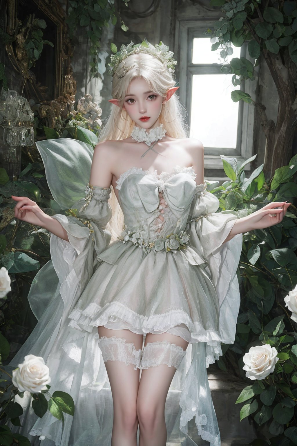 Bare shoulders,Split sleeves,Hair accessories,Halterneck,elf,Strapless dress,White dress,White roses,Wide sleeves,solo,<lora:future006-精灵裙:0.8>,barefoot,thigh gap,, best quality,masterpiece,highres,official art,extremely detailed cg unity 8k wallpaper,