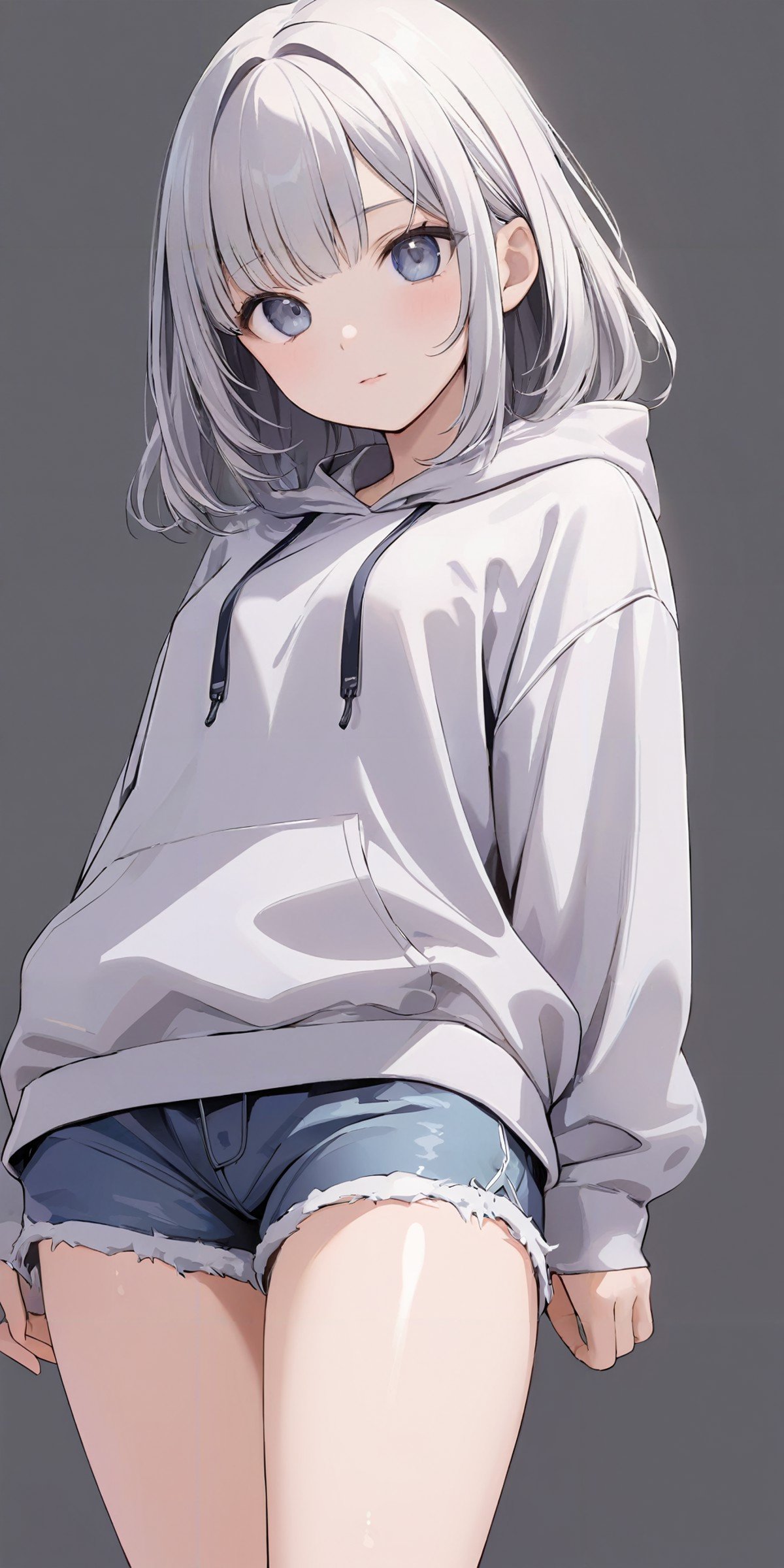 masterpiece,ultra-detailed,best quality,8K,illustration,cute face,clean skin ,shiny hair,girl,ultra-detailed-eyes,simple background, <lora:add-detail-xl:1> <lora:hoodie_XL_V1.0:1> jyojifuku, hoodie ,cowboy shot,thighs,shorts