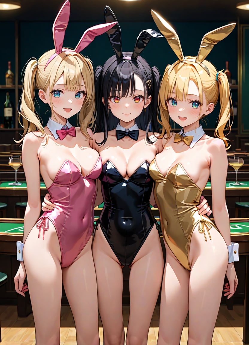 score_9, score_8_up, score_7_up , source_anime ,masterpiece, best quality, perfect anatomy , very aesthetic , official art,BRAKE3girls,blonde hair,long hair,blush,black tailcoat playboy bunny,bunny,standing BREAK 3girls,red hair,short hair,smile,pink playboy bunny,standing BREAK 3girls,black hair, twintails,;d,gold playboy bunny,standing,