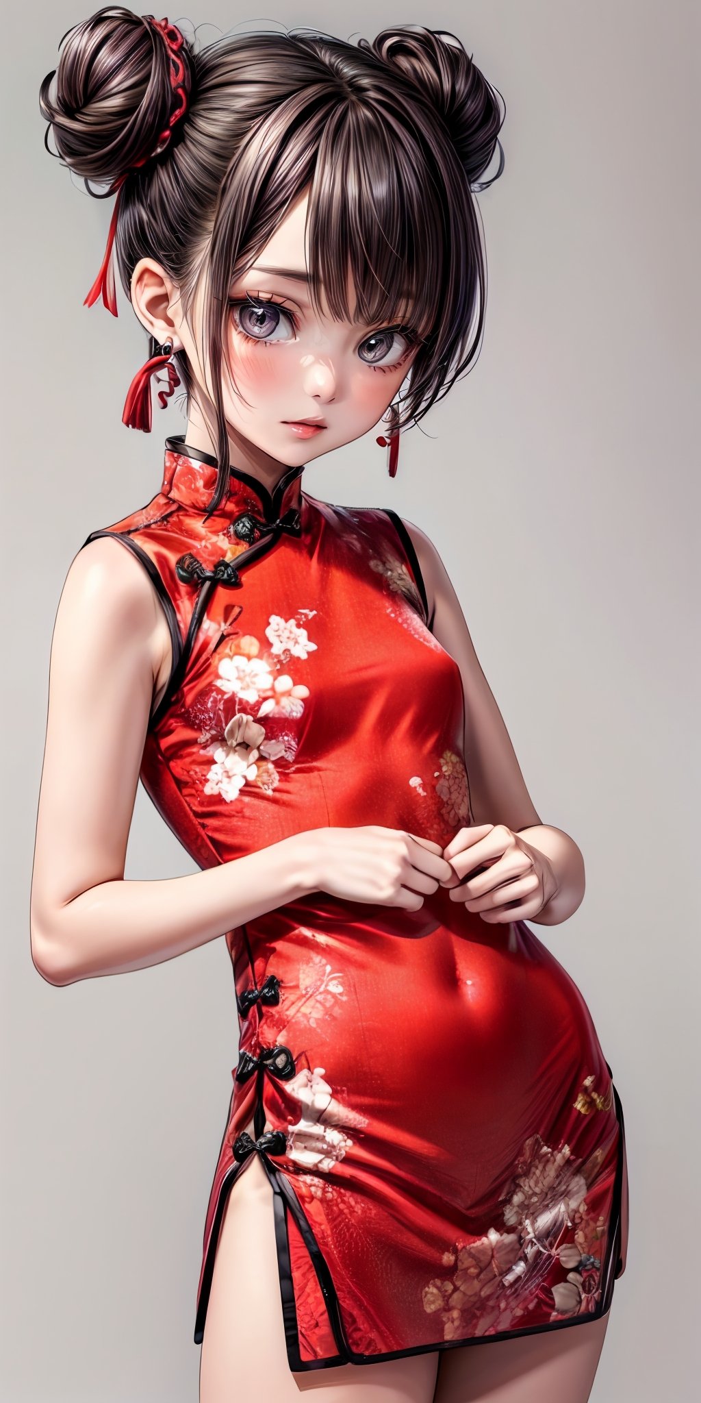 (masterpiece,ultra-detailed,best quality,8K,illustration:1.0),(petite girl:1.2) <lora:more_details:1>,simple background,   <lora:n china dress v1.0:0.4> jyojifuku,china dress, jewelry, earrings, hair bun