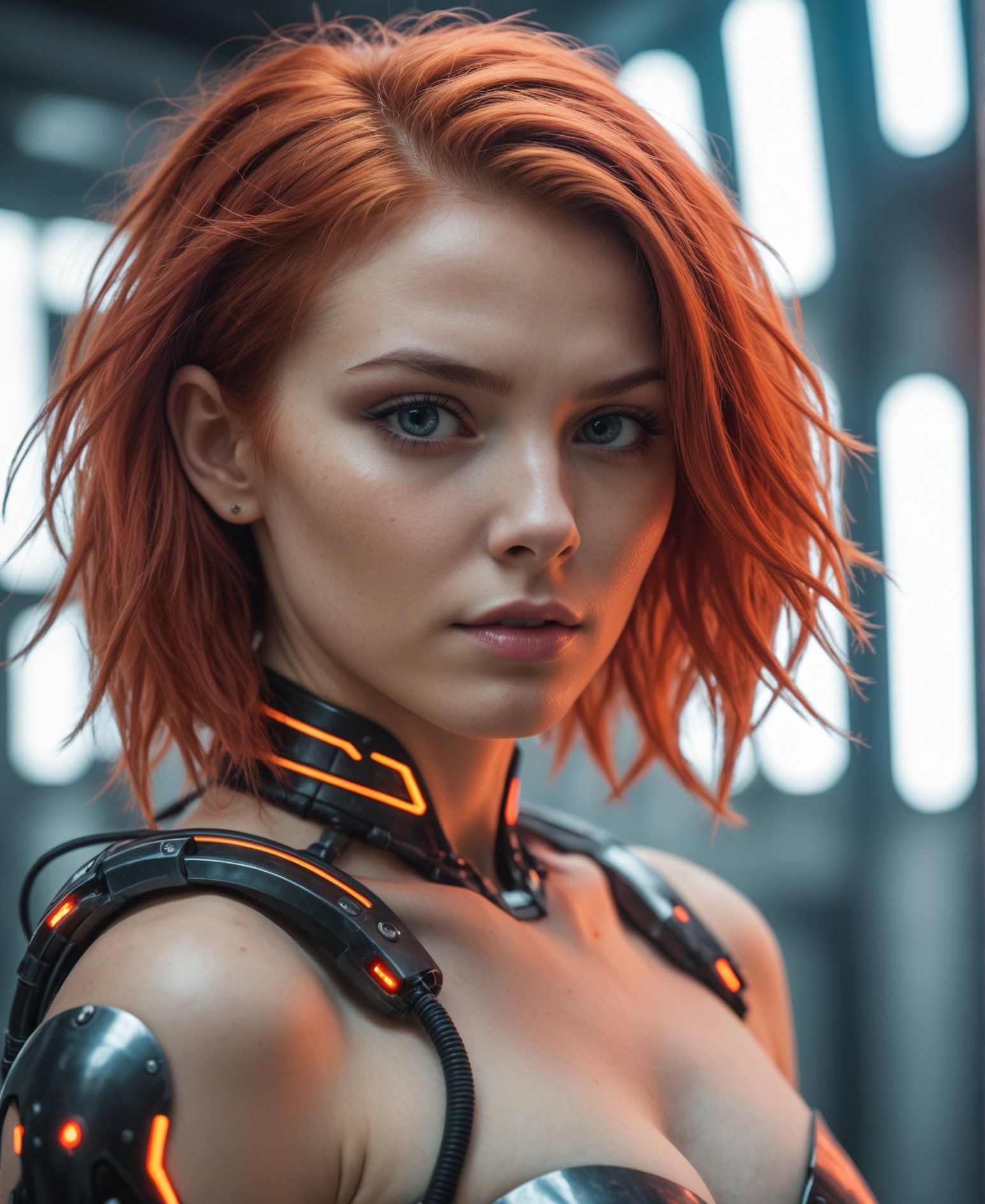 Best quality, Raw photo, face portrait, a young cyborg woman with fiery red hair. Her face fills the frame, bathed in neon hues, exuding determination and mystery amidst a futuristic backdrop, Fujicolor Pro 400H, L USM