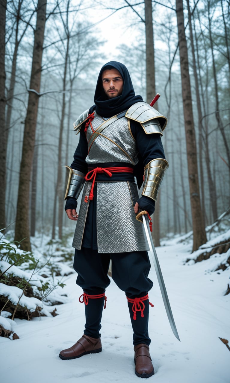 score_9, score_8_up, score_7_up, (RAW photo), (upper body photo), (Samurai), wearing shiny satin black and silver metal armor, intricate ornate weaved gold filiegree, in a snowy forest, full body (intricate details), (dynamic angle), (cinematic lights), sharp, (analog film grain)