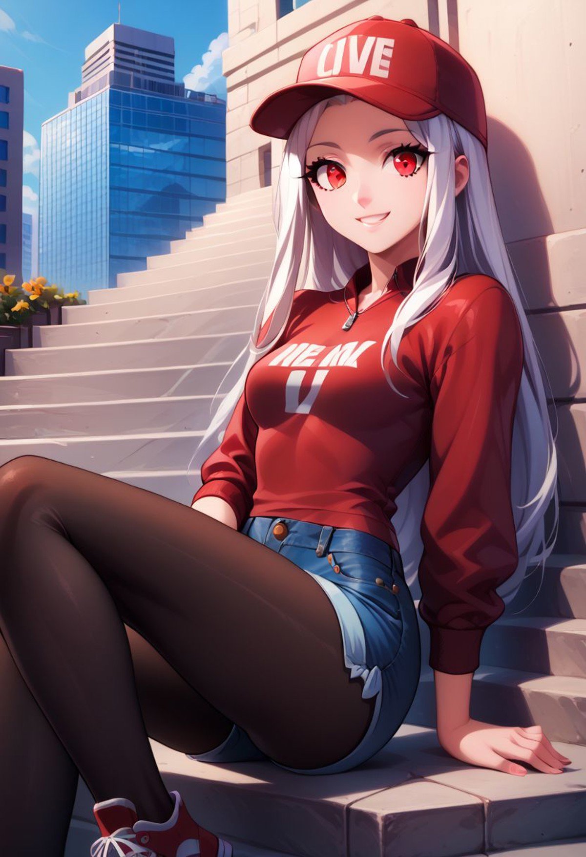 score_9, score_8_up, score_8, medium breasts, (curvy), cute, eyelashes,     BREAK,zzirisviel, white hair, red eyes,BREAK,long hair, baseball cap, graphic tee, denim shorts, black pantyhose, pantyhose under shorts, sneakers, sitting, stairs, outdoors, city, dutch angle, smile,zPDXL,