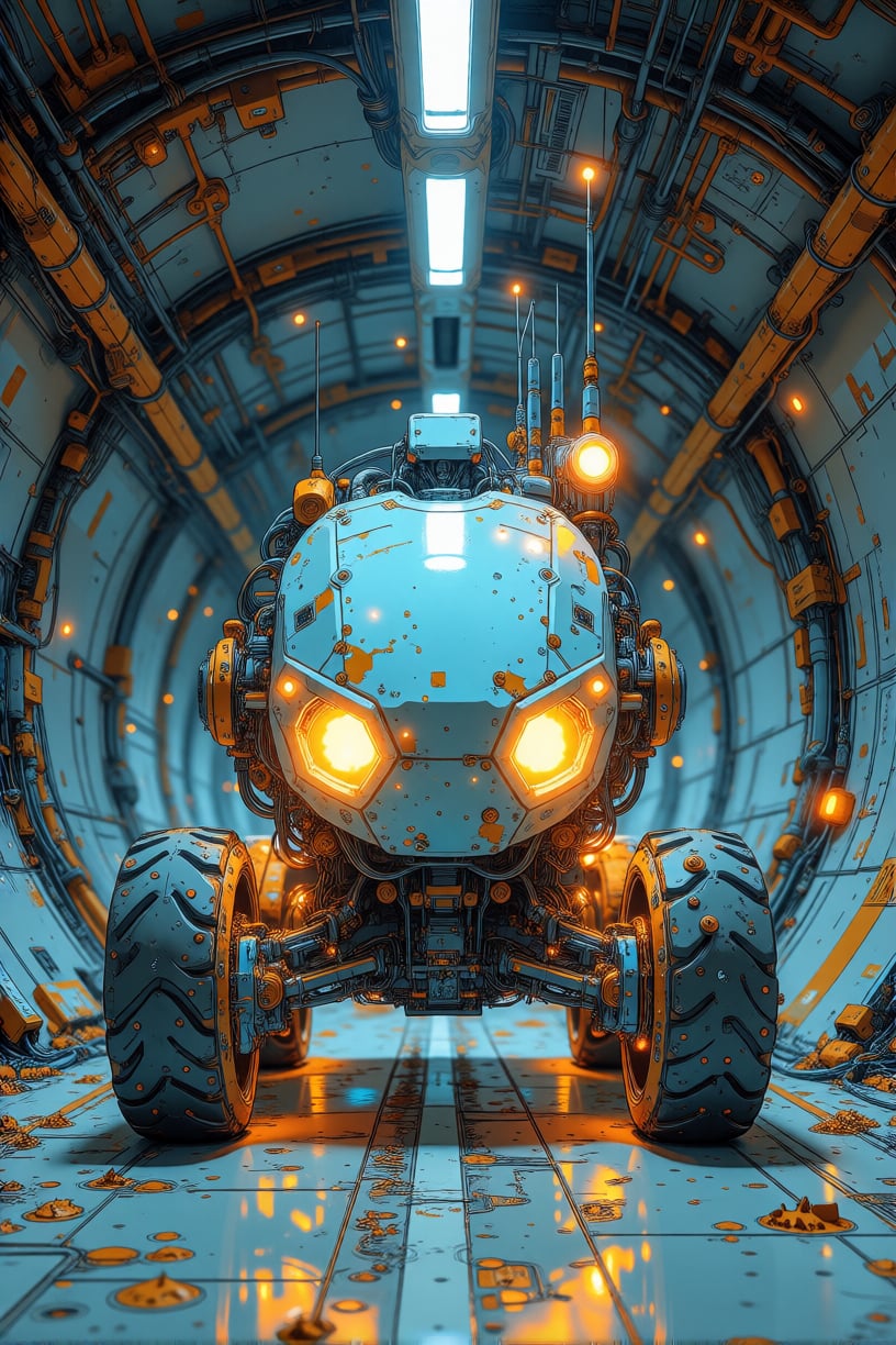 a robotic vehicle in a tunnel,  YFGFutureBlue style by inknoir on Tensor.Art