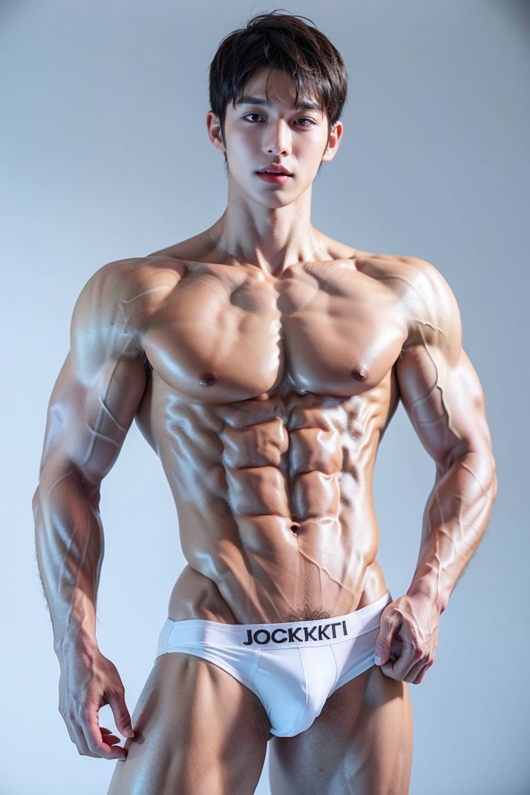 1boy,,white background,22 years old, 6 pack, shirtless, wearing jockstrap<lora:EMS-434224-EMS:0.600000>