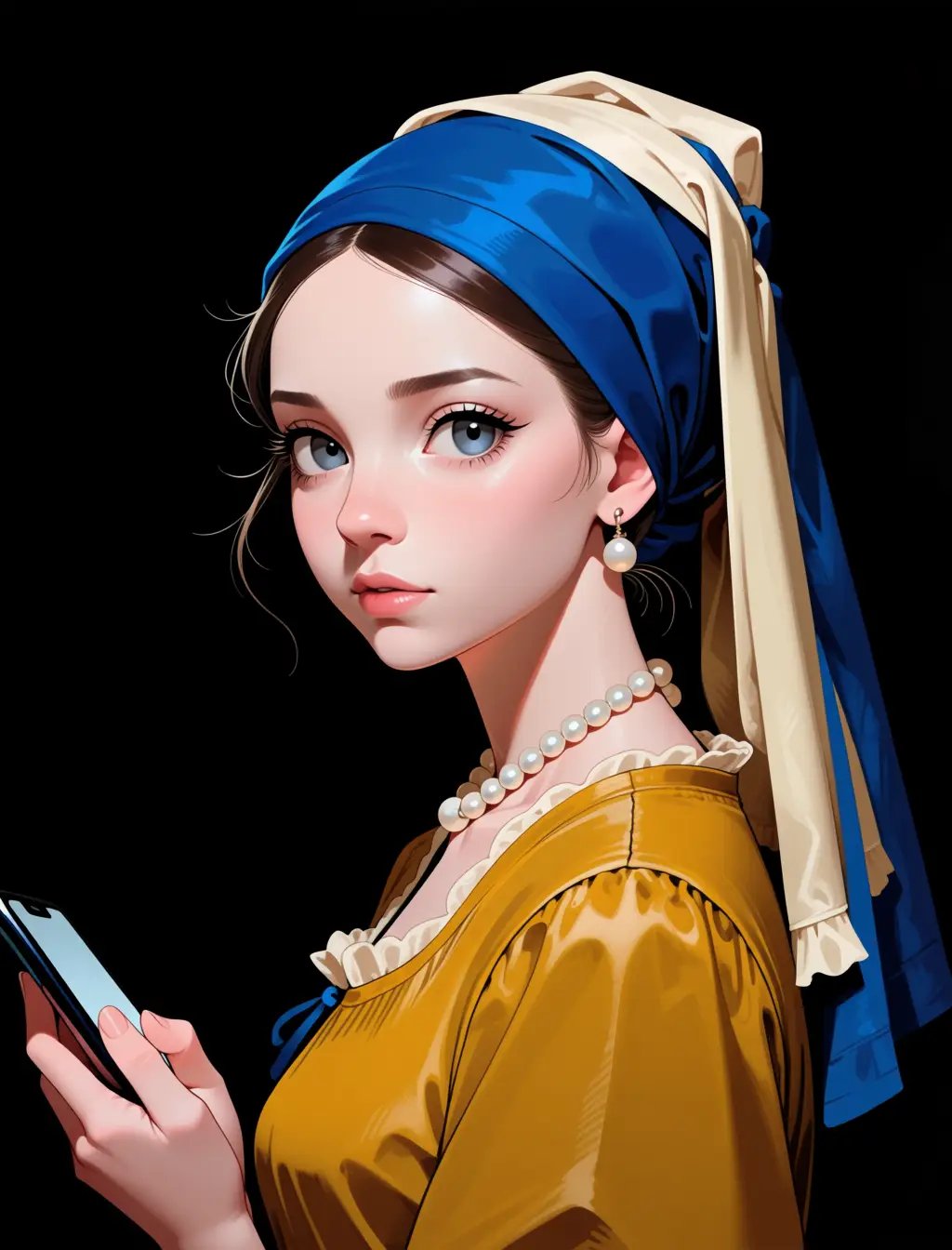 holding phone,  Girl with a Pearl Necklace,  * **Subject:** A striking portrait of a female by inknoir on Tensor.Art