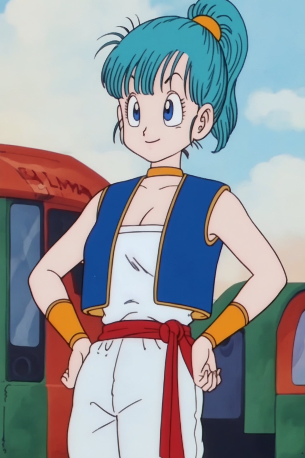 source_anime, score_9, score_8_up, score_7_up, anime screencap, bulma \(dragonball\), 1girl, solo, breasts, smile, bangs, blue eyes, cleavage, aqua hair, standing, ponytail, cowboy shot, choker, vest, hand on hip, wristband, retro artstyle, blue vest, 1990s \(style\), baggy pants, arabian clothes, collarbone, fringe_trim, ground vehicle, scrunchie, looking ahead, hands on hips, red belt, white pants, white topwear, vest over shirt, yellow choker, yellow wristband, tube top, raised eyebrows, <lora:bulma_pony_v1:0.8>