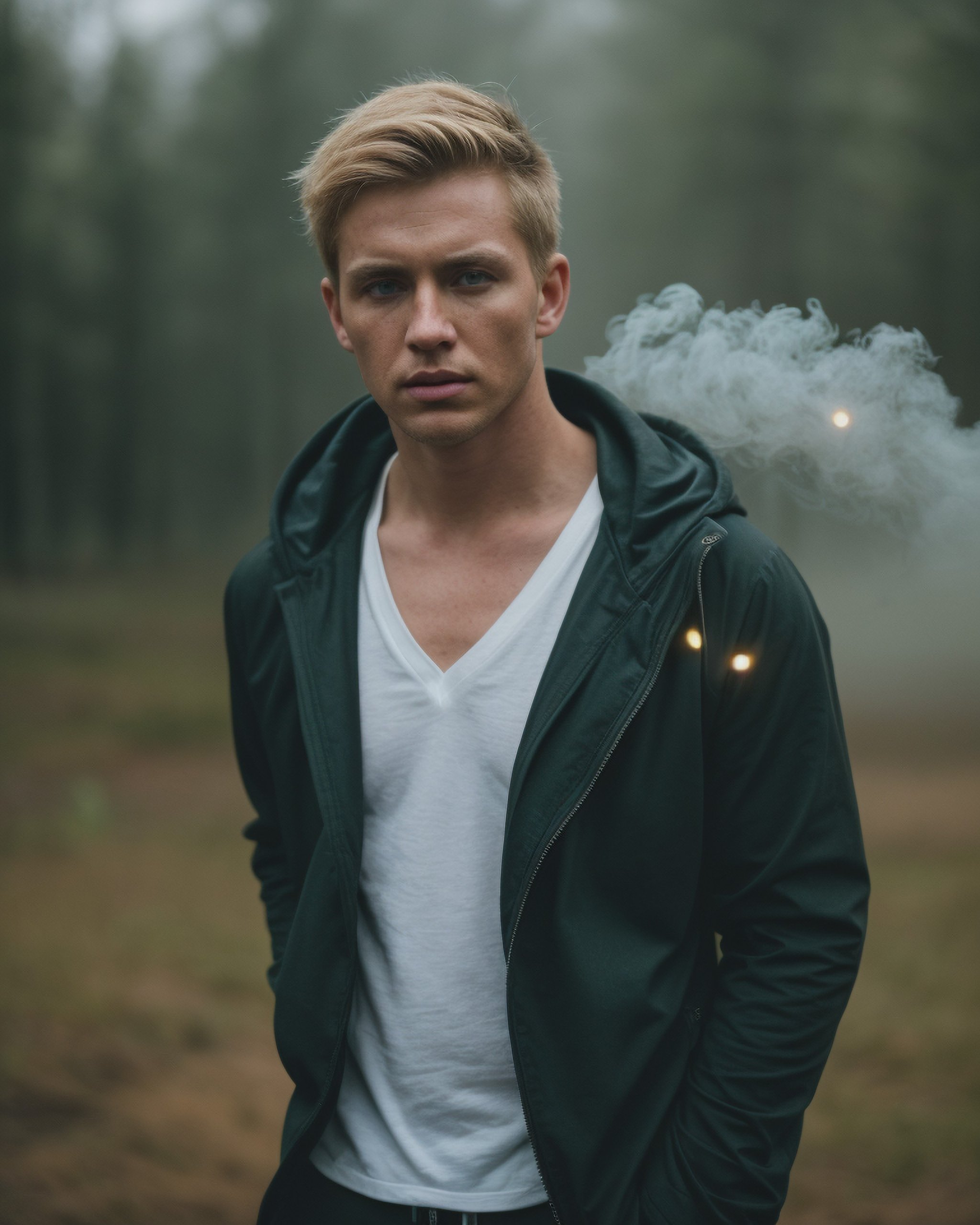 Highly detailed, male focus, Cinematic portrait, 1boy, black open jacket, dark blue v-neck undershirt, solo, brown pants, short blonde hair, white drawstring hood down, looking at viewer, blurry, parted lips, blurry background, green eyes, cowboy shot, standing, dirty, depth of field, light particles, smoke, sfw