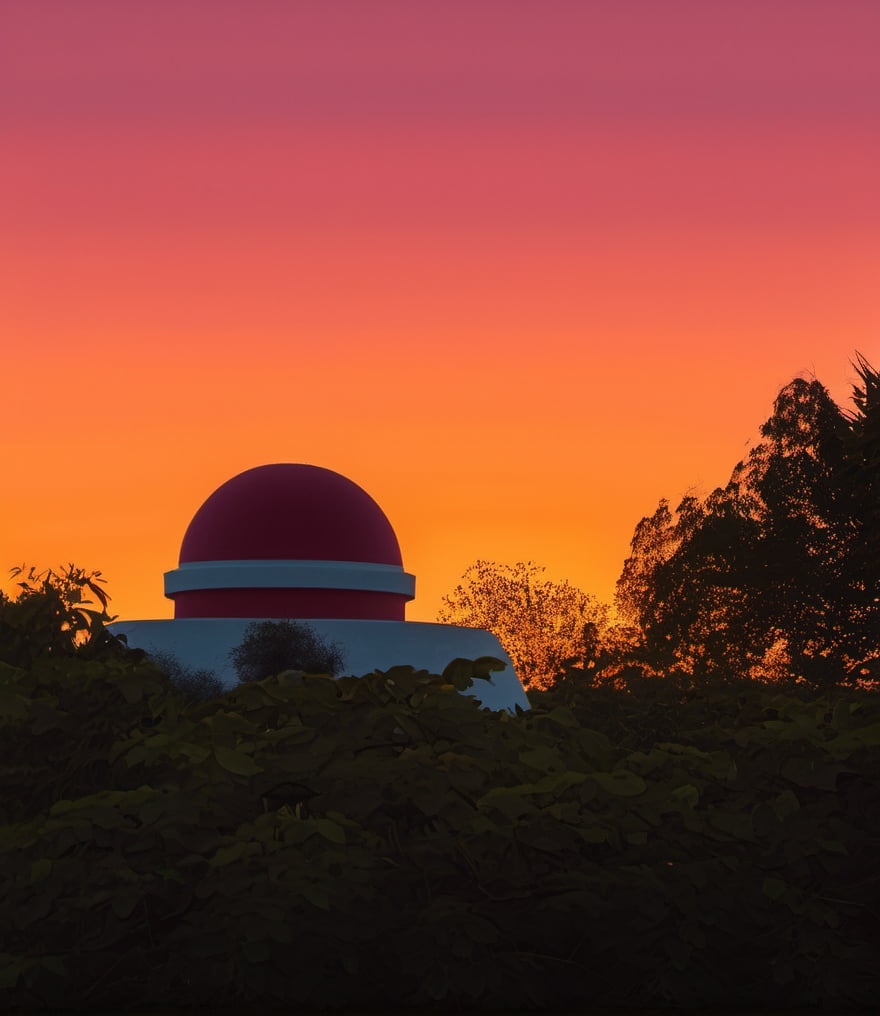 ,Silhouette of a domed structure against a vibrant sunset,warm color palette with shades of orange and red,silhouette of trees and foliage,minimalistic composition,serene and tranquil setting,smooth gradient in the sky,high contrast between foreground and background,peaceful evening atmosphere,simple yet striking visual effect,captured with a clear focus,no discernible artist inspiration apparent,average quality,<lora:真实大模型-000001:1>