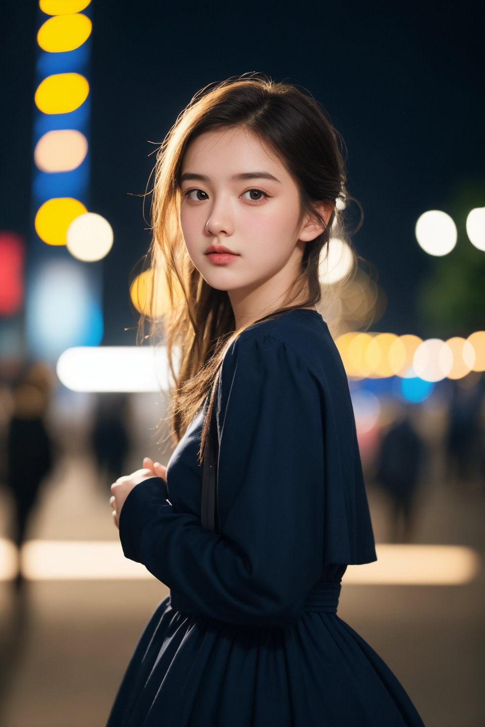 instagram photo, closeup face photo of 18 y.o swedish woman in dress, beautiful face, makeup, night city street, bokeh, motion blur